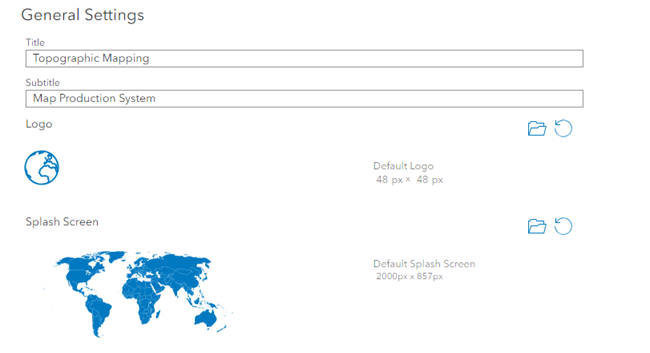 Map Production System dialog box with options to configure an app logo or splash screen under General Settings
